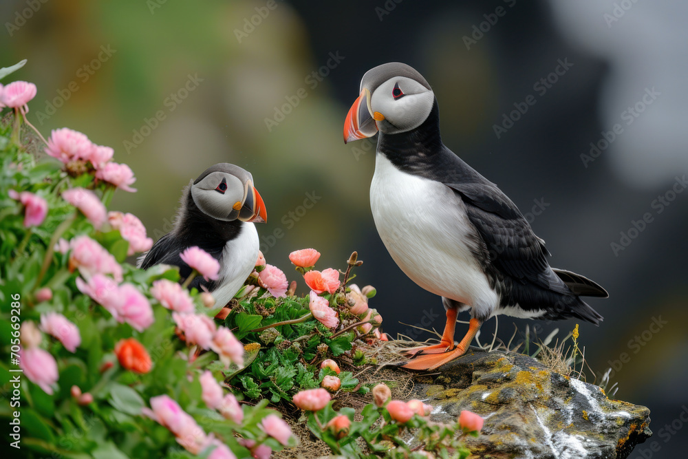 Fototapeta premium A penguin with her cub, mother love and care in wildlife scene