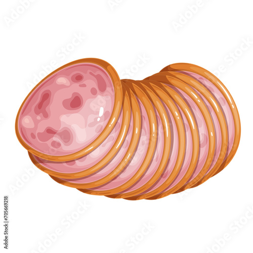 Ham sausage slices vector illustration. Cartoon isolated top view of sliced mortadella in pile, delicatessen boiled ham in thin circles with fat texture for gourmet breakfast sandwich, appetizer