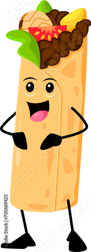 Cartoon cheerful enchiladas funny takeaway fast food character with smiling face, filled with savory ingredients, embodying essence of Mexican cuisine. Isolated vector stuffed tex mex roll personage