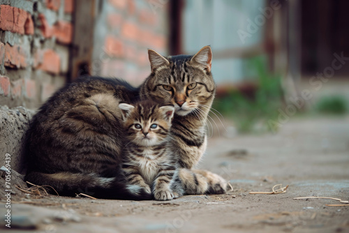 A cat with her cub, mother loves and cares in everyday life