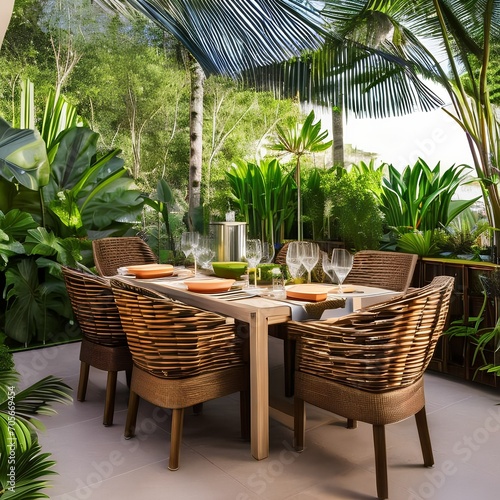 A tropical-themed outdoor dining space with bamboo furniture2