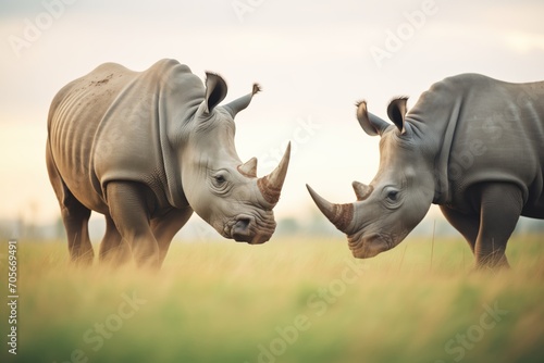 two rhinos locking horns in a field