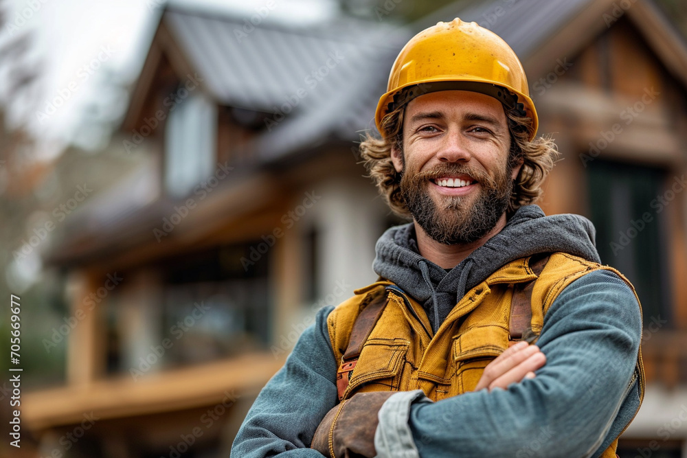 smiling roofer stands on foreground, house with new roof on background in bokeh smiling roofer stands on foreground, house with new roof on background in bokeh