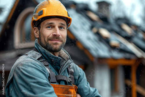 smiling roofer stands on foreground, house with new roof on background in bokeh photo