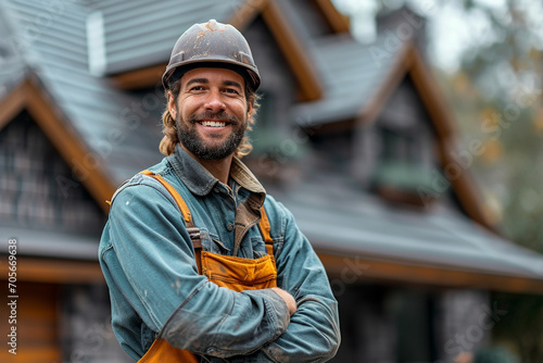 smiling roofer stands on foreground, house with new roof on background in bokeh