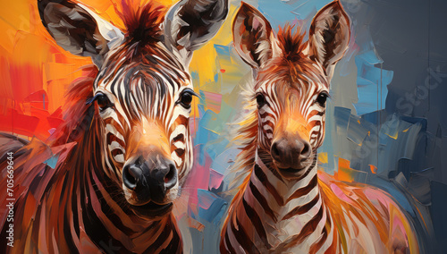 Oil painting Portrait of anadult zebra and zebra baby