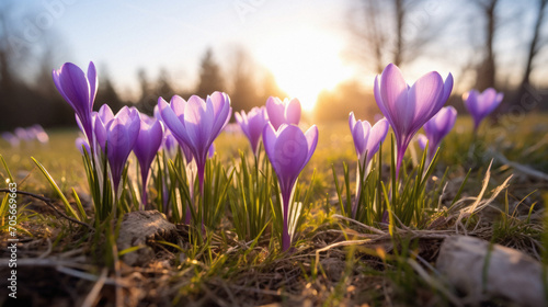 Purple crocuses in the grass on a sunny spring day.