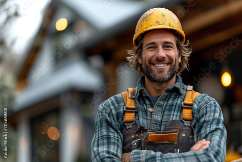 smiling roofer stands on foreground, house with new roof on background in bokeh photo