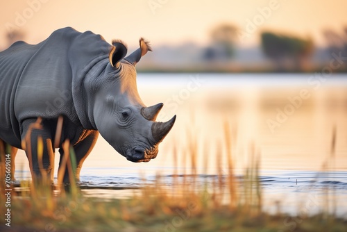 rhino at waters edge in golden evening light