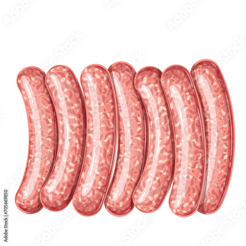 Raw meat sausages vector illustration. Cartoon isolated top view of fresh sausages in row with cover and marinated minced meat of beef or chicken, ground spicy pork or veal for barbecue grill
