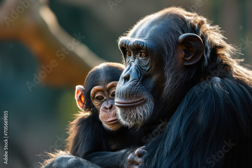 A chimpanzee with her cub, mother love and care in wildlife scene © Aris