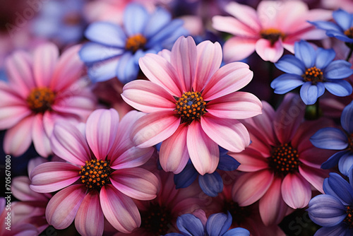 Close up of pink and blue osteospermum flowers in full bloom. photo
