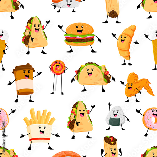 Cartoon cheerful takeaway fast food characters seamless pattern. Vector background with coffee cup, quesadilla, French fries and chicken wing. Donut, onigiri, burrito or burger, croissant and lollipop