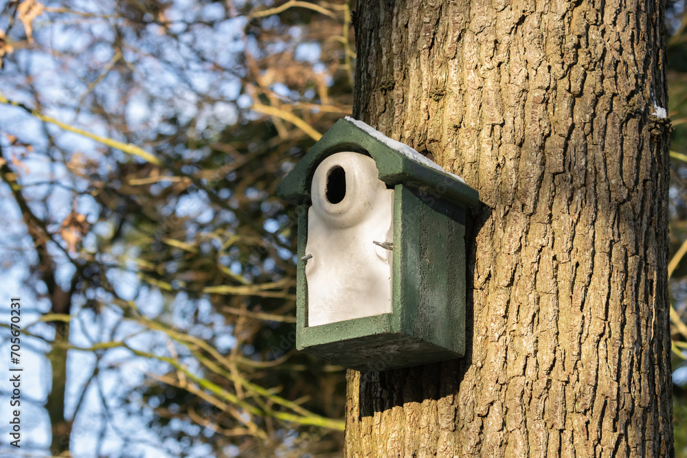 Green birdhouse, nest box with white front and 32 mm oval hole, hanging on tree.  Specific for House Sparrows, Redstarts, Tree Sparrows and Great Tits. 