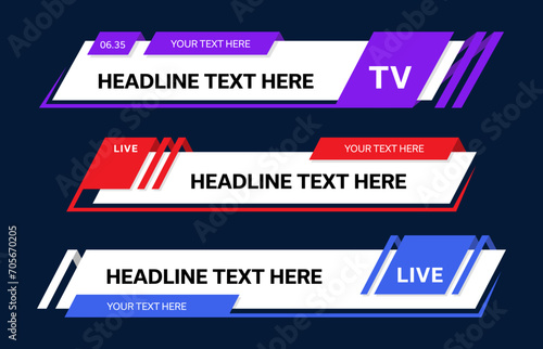 Color world news bars and lower third TV headers or headline title banners for screen, vector templates. News bard for live broadcast, video channel text and name frames or lower third TV headers