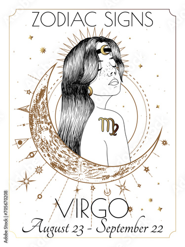 Vector illustration of zodiac signs. Virgo in white and gold colors in engraving style