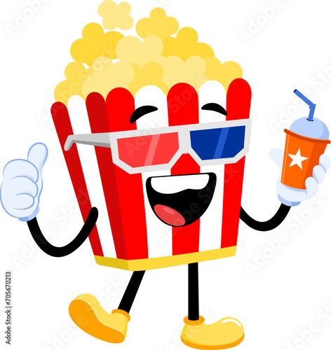 Happy Popcorn Retro Cartoon Character Wearing 3D Glasses Giving The Thumbs Up. Vector Illustration Flat Design Isolated On Transparent Background