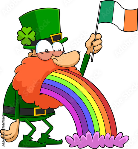 Funny Leprechaun Cartoon Character Throwing Up Rainbows And Waving An Irish Flag. Vector Hand Drawn Illustration Isolated On Transparent Background