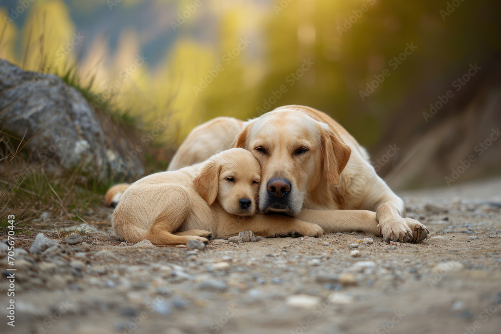 A dog with her cub, mother love and care in everyday life A dog with her cub, mother love and care in everyday life