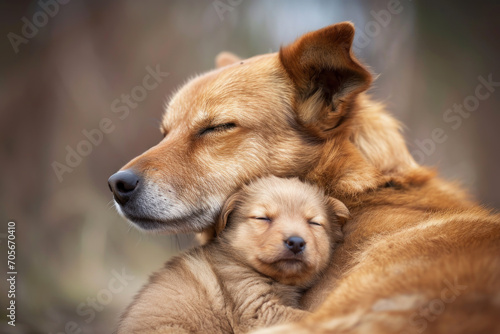A dog with her cub  mother love and care in everyday life