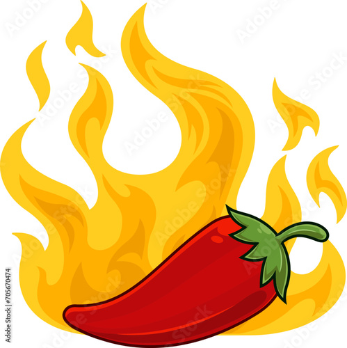 Cartoon Fresh Red Hot Chili Pepper With Flame. Vector Hand Drawn Illustration Isolated On Transparent Background
