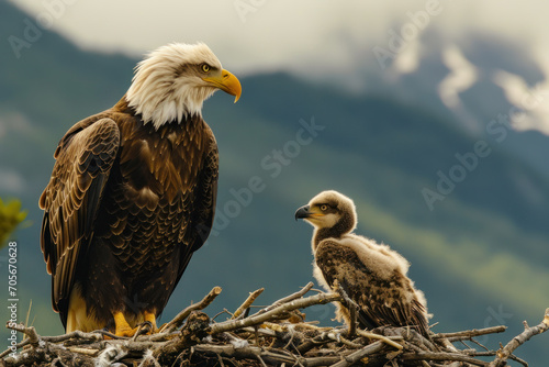 A eagle with her cub, mother love and care in wildlife scene