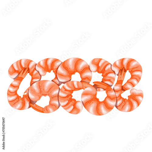 Raw headless shrimp pile vector illustration. Cartoon isolated top view of tiger prawns without heads in heap of square shape, gourmet delicatessen fresh or cooked seafood for restaurant or home menu