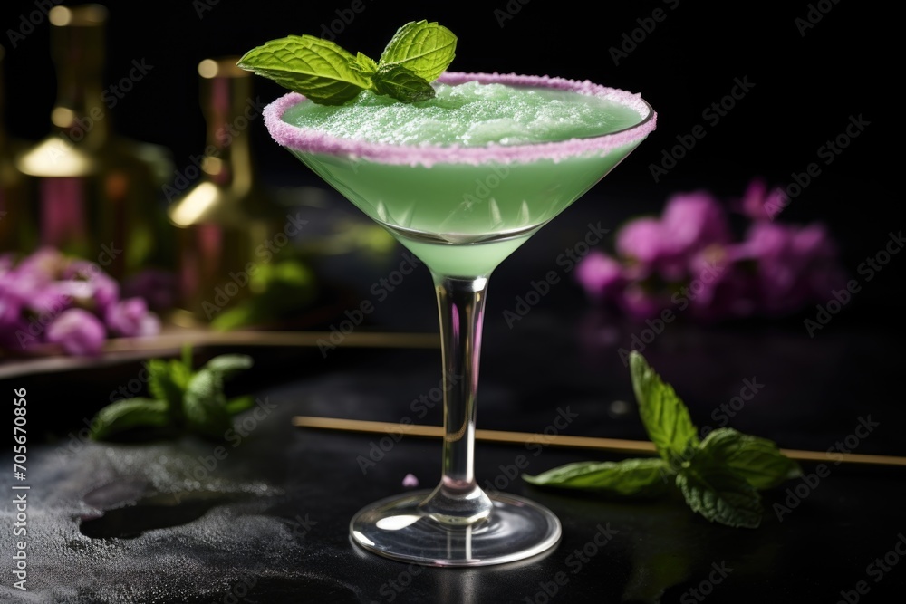 Cosmopolitan cocktail with crushed mint leaves on top