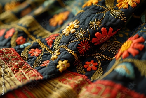 Indian Kantha fabric with multi-layered texture and decorative embroidery