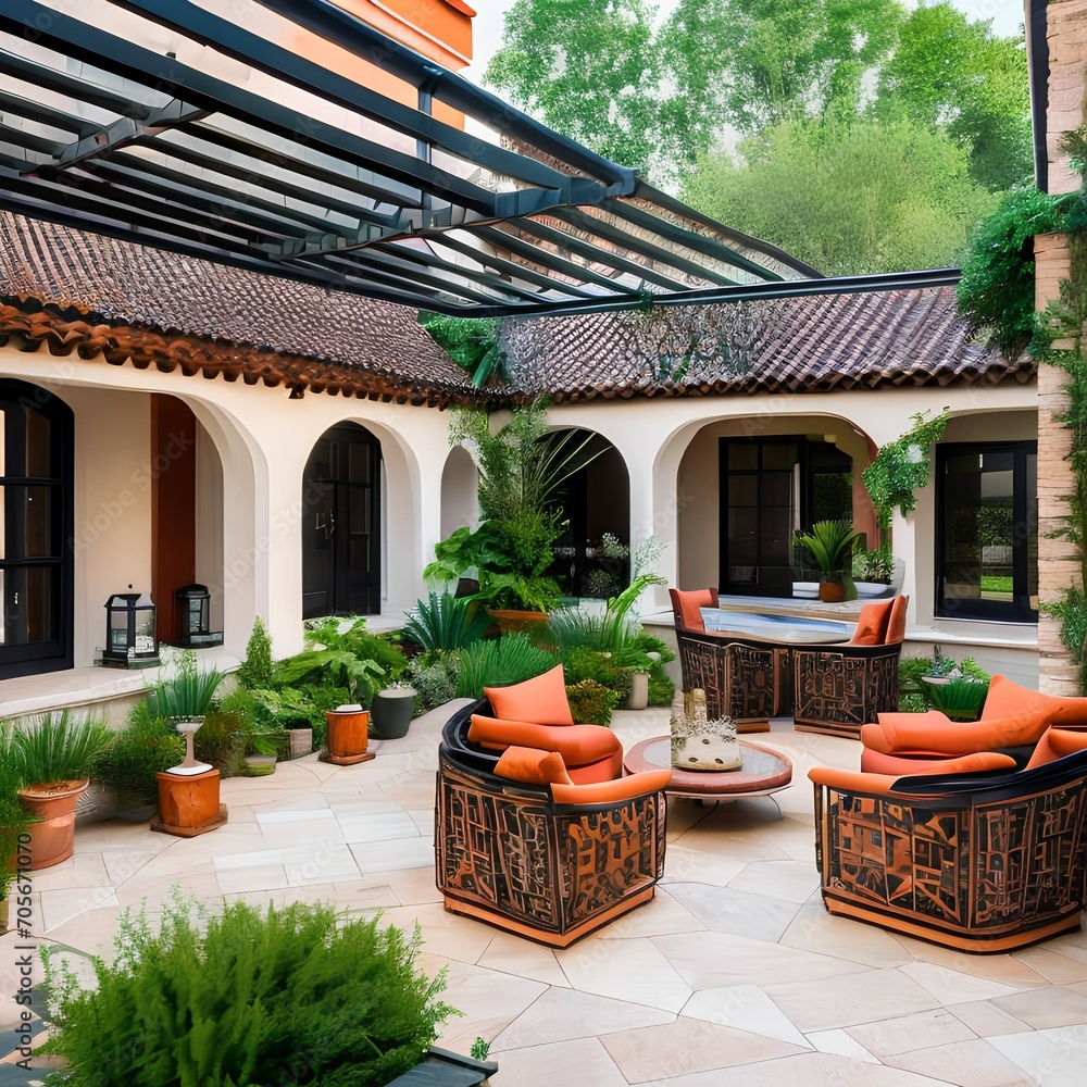 Fototapeta premium A Mediterranean-inspired patio with terracotta tiles and lush greenery5
