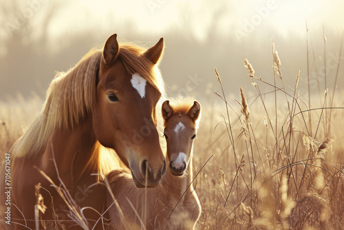 A horse with her cub, mother love and care in wildlife scene © Aris