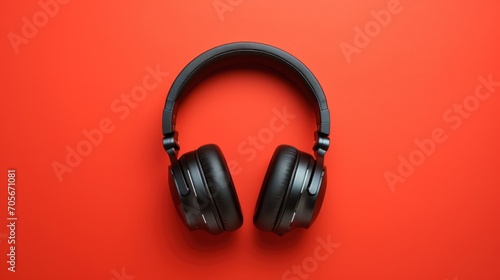 Black headphones are on a red background