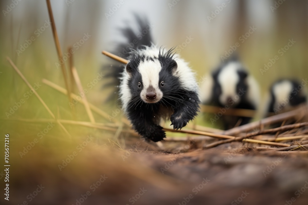 mother skunk leading kits through brush
