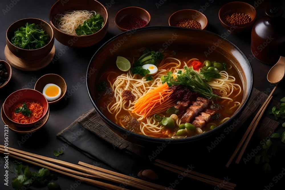 Imagine a scene that immerses the viewer in the culinary delight of a bowl filled with steaming ramen.
Imagine a scene that immerses the viewer in the culinary delight of a bowl filled with steaming ramen.