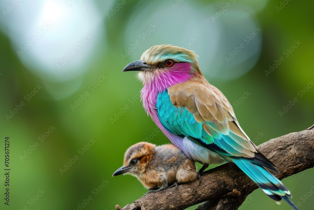 A Lilac-breasted Roller with her cub, mother loves and cares in wildlife scene