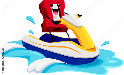 Cartoon pencil sharpener school supply character on summer beach vacation. Isolated vector student stationery personage riding water bike enjoying holidays extreme recreation on tide sea waves