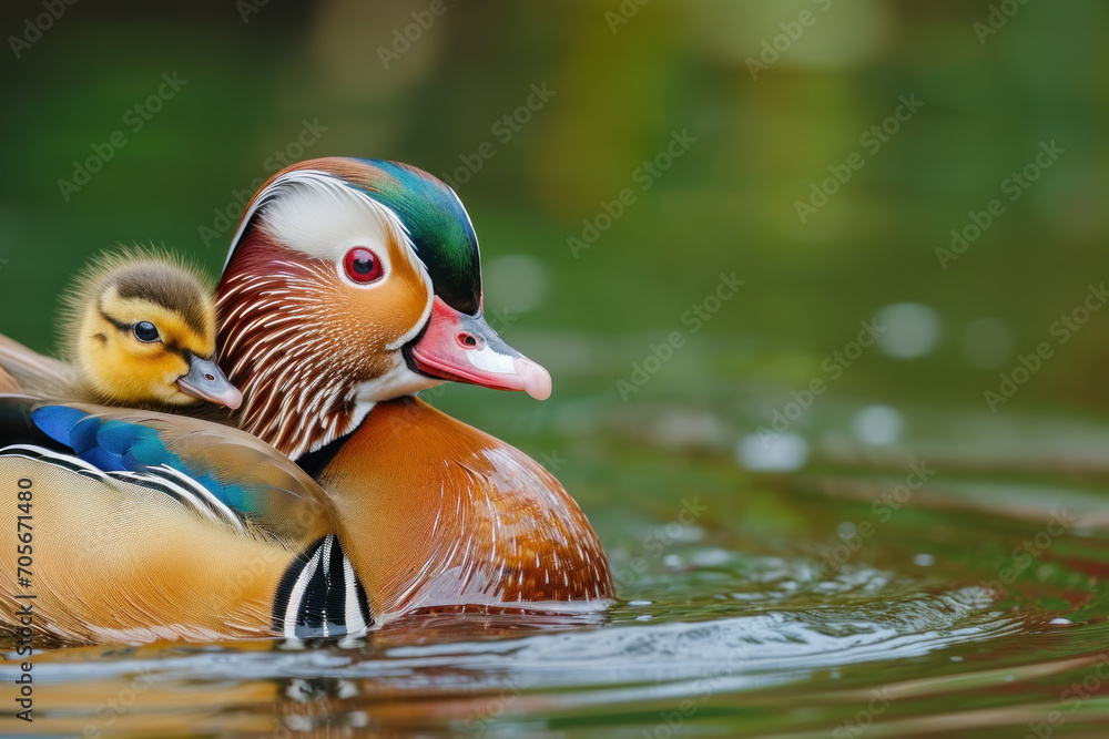 A Mandarin Duck with her cub, mother love and care in wildlife scene A Mandarin Duck with her cub, mother love and care in wildlife scene
