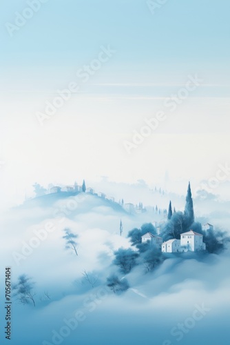 fog over a hill with houses on top, in the style of light indigo and light cyan, landscapes © inthasone