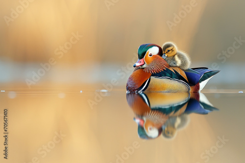 A Mandarin Duck with her cub, mother love and care in wildlife scene photo