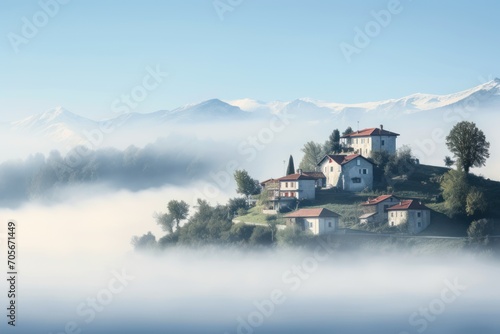 fog over a hill with houses on top, in the style of light indigo and light cyan, landscapes