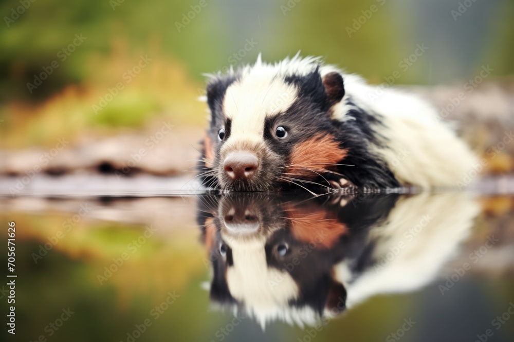skunk reflected in a still mountain pond skunk reflected in a still mountain pond