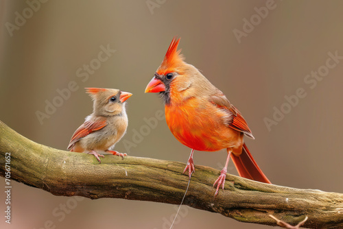 A Northern Cardinal with her cub, mother love and care in wildlife scene
