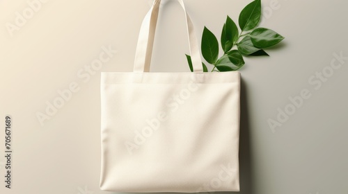 Layout for the design of a simple white canvas shopping bag with green plant leaves