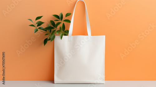 Layout for the design of a white shopping bag with green plant leaves on an orange background