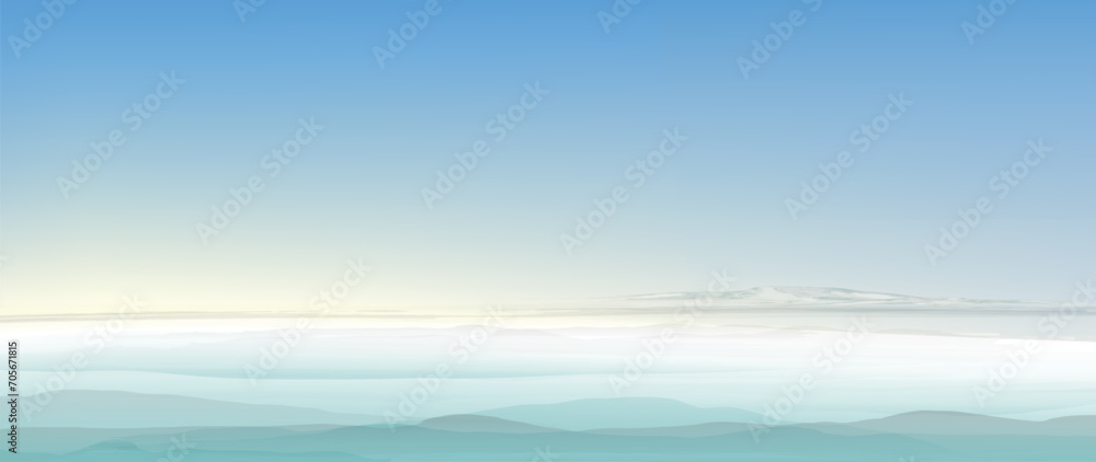 Sunrise. Aerial landscape. Vector background in blue and turquoise colours. Watercolor textured vector banner. 