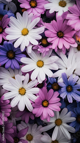 Colorful daisy flowers as background, top view, close up.