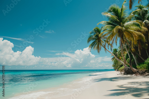 Heavenly Escape: Serene Beach with White Sands and Palm Fronds © Andrii 