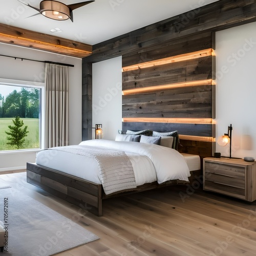 A modern farmhouse bedroom with reclaimed wood accents and neutral colors4 photo