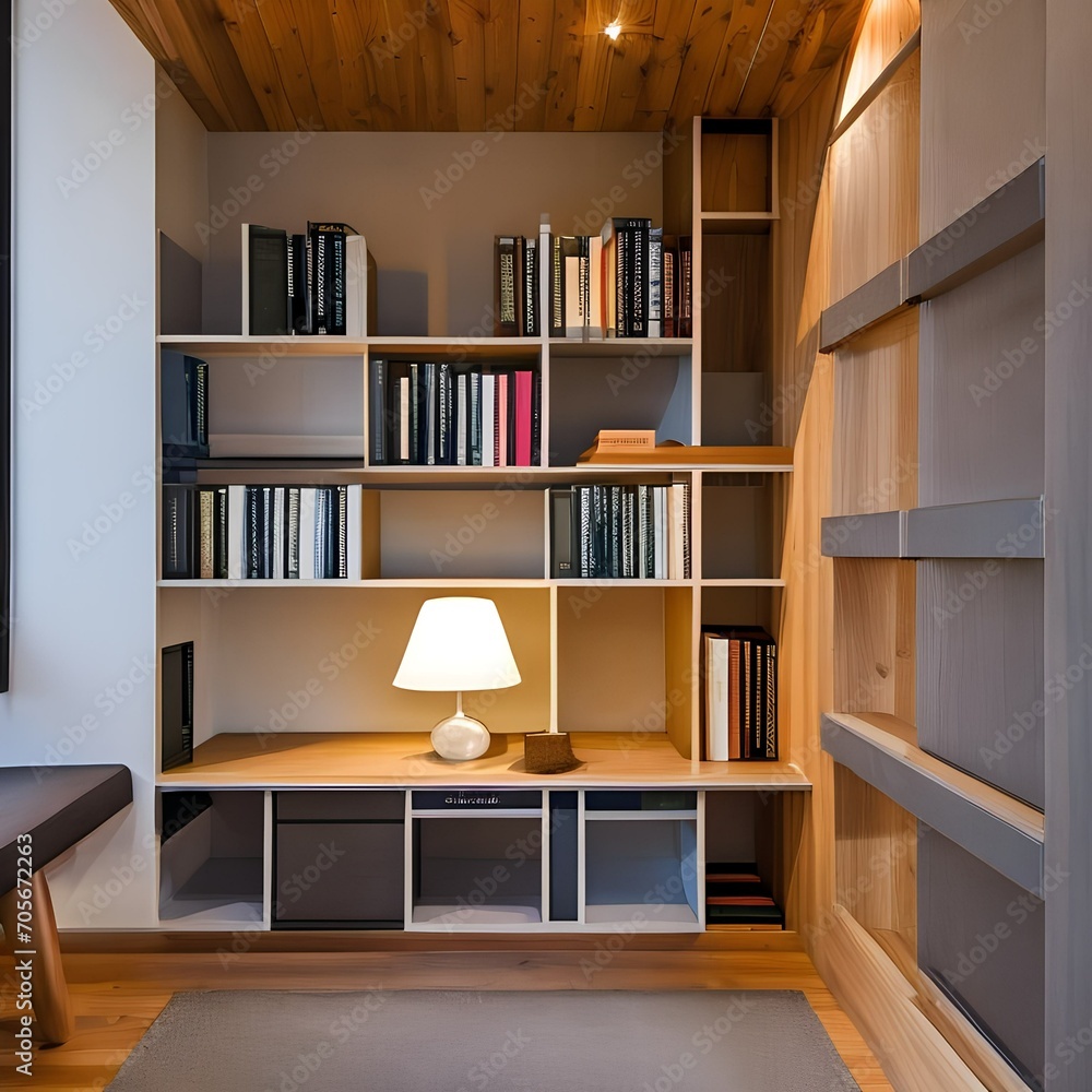 Fototapeta premium A cozy reading nook tucked under a staircase with built-in bookshelves5