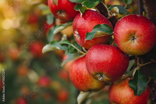 Ripe red apples hanging heavily on the branch, kissed by the golden sunlight of harvest time